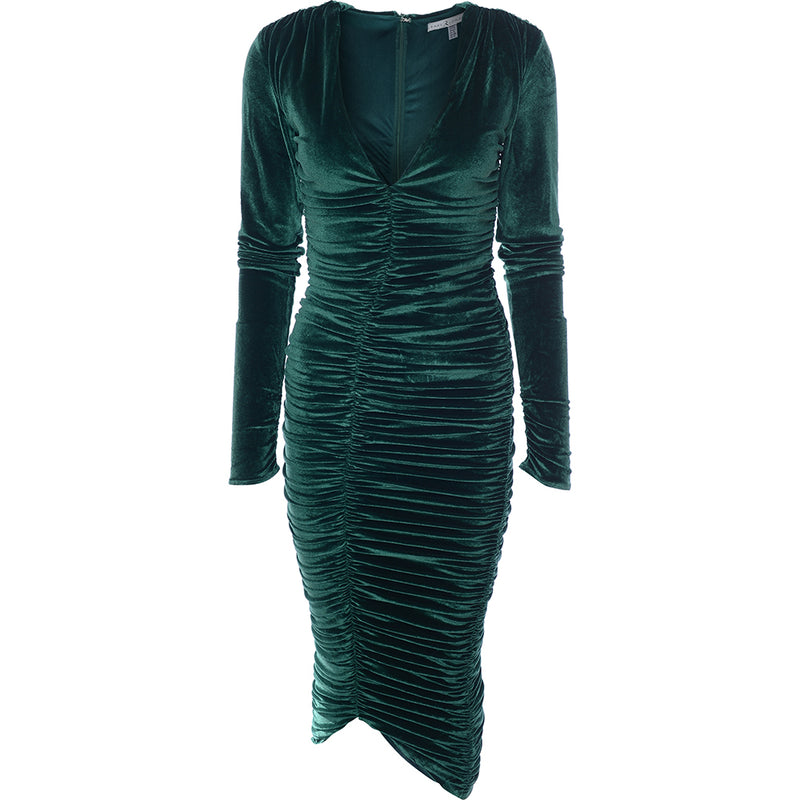 Rare London Womens Velvet Plunge Front Ruched Midi Dress In Green