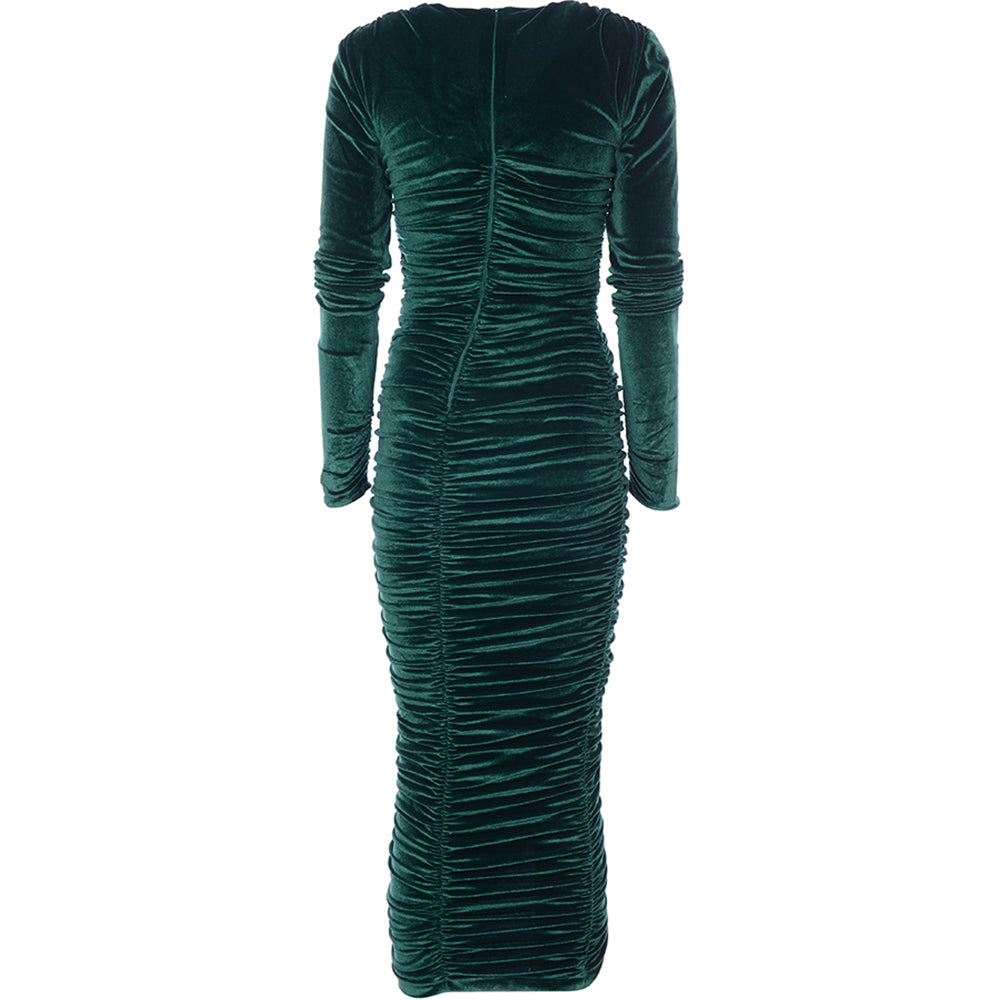 Rare London Womens Velvet Plunge Front Ruched Midi Dress In Green