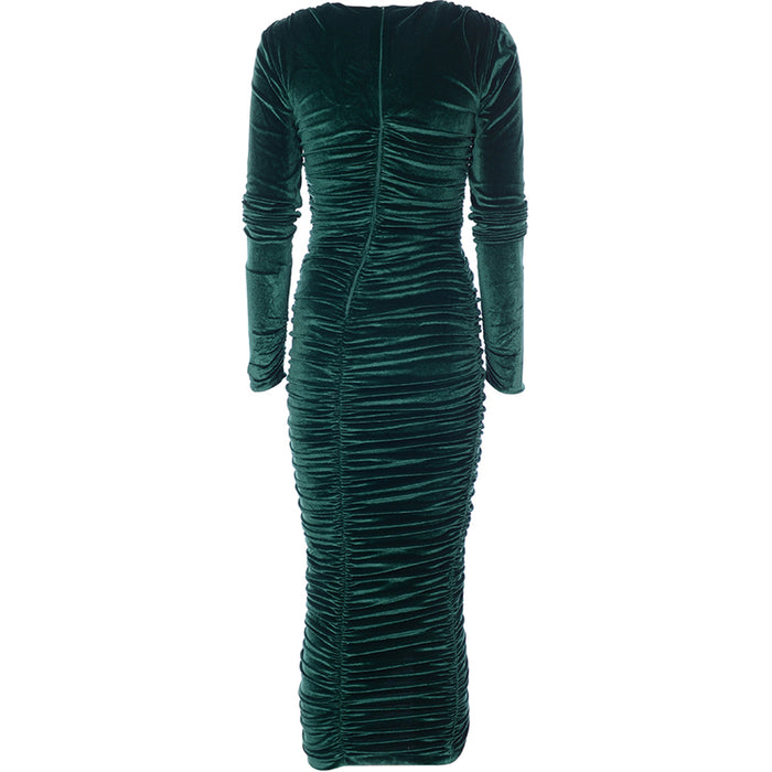 Rare London Womens Velvet Plunge Front Ruched Midi Dress In Green