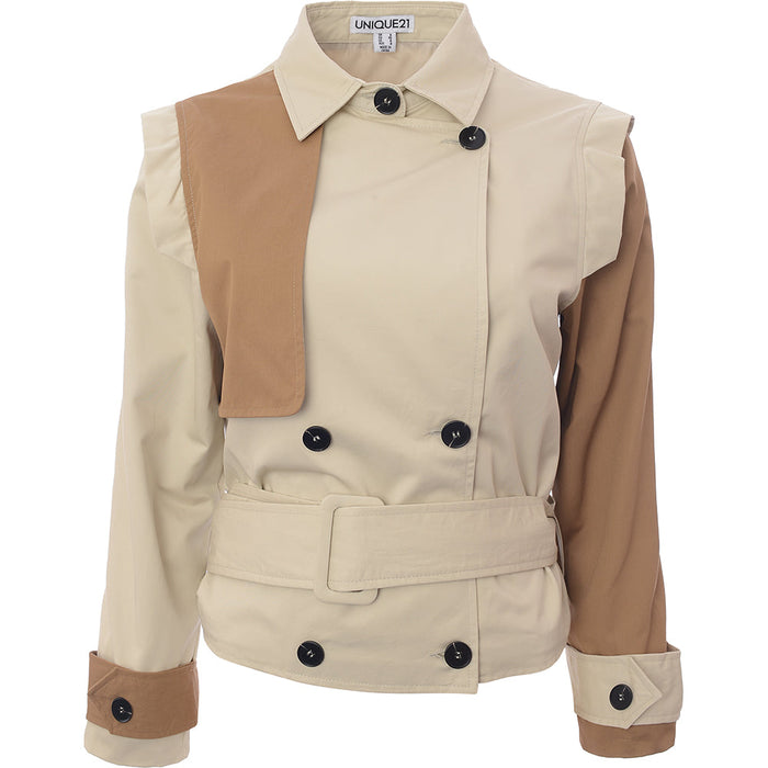 Unique21 Petite Womens Beige Contrast Color Cropped Jacket