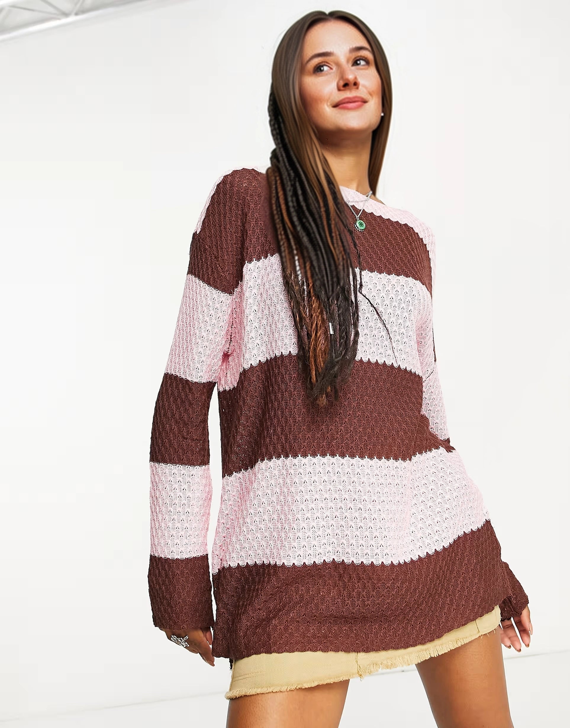 Daisy Street Womens Oversized Open Knit Jumper in Brown Pink Stripe