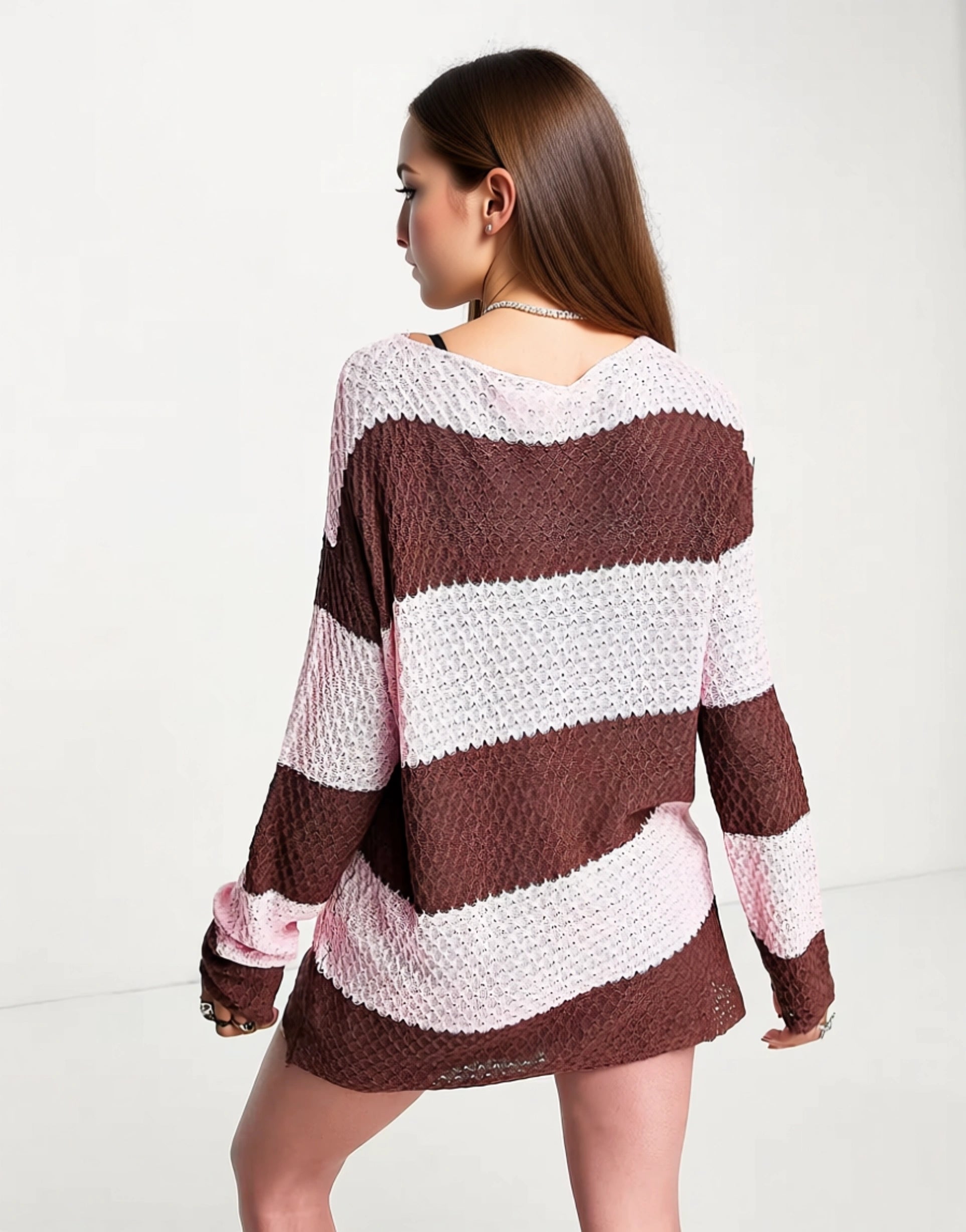 Daisy Street Womens Oversized Open Knit Jumper in Brown Pink Stripe
