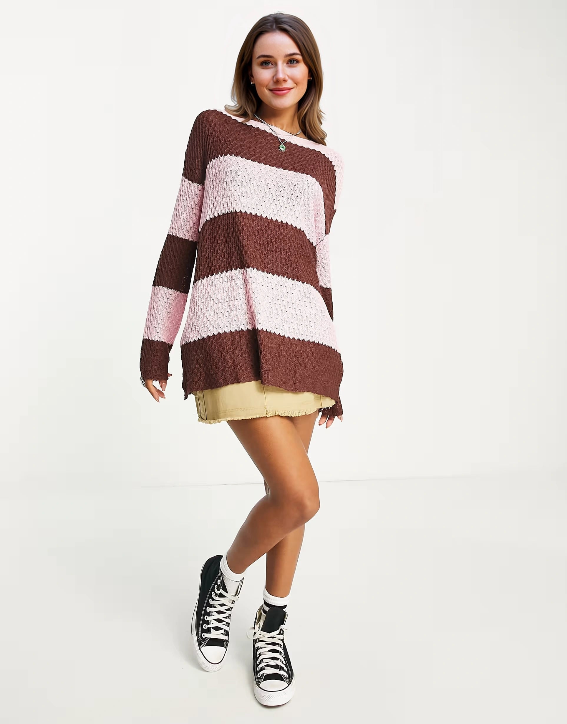 Daisy Street Womens Oversized Open Knit Jumper in Brown Pink Stripe