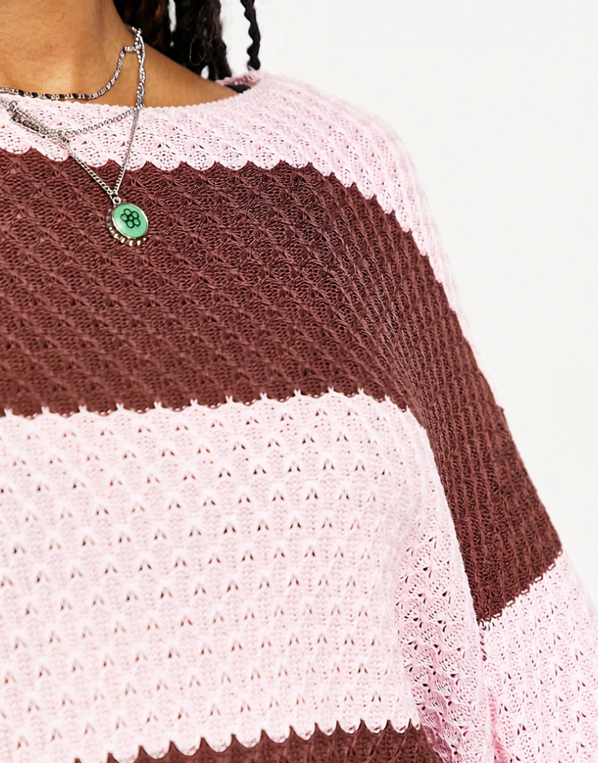 Daisy Street Womens Oversized Open Knit Jumper in Brown Pink Stripe