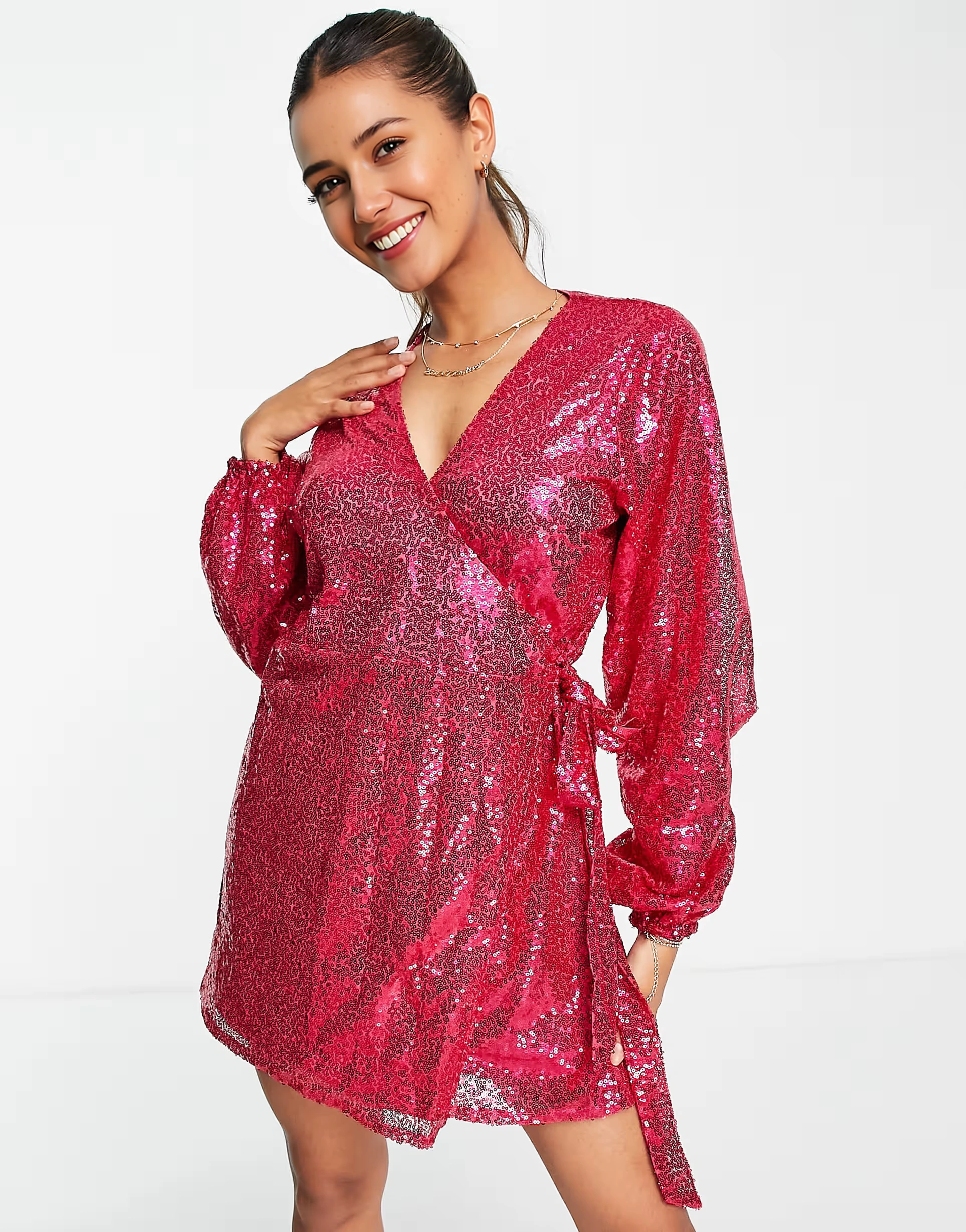 In The Style Womens Sequin Wrap Detail Mini Dress Cerise Pink