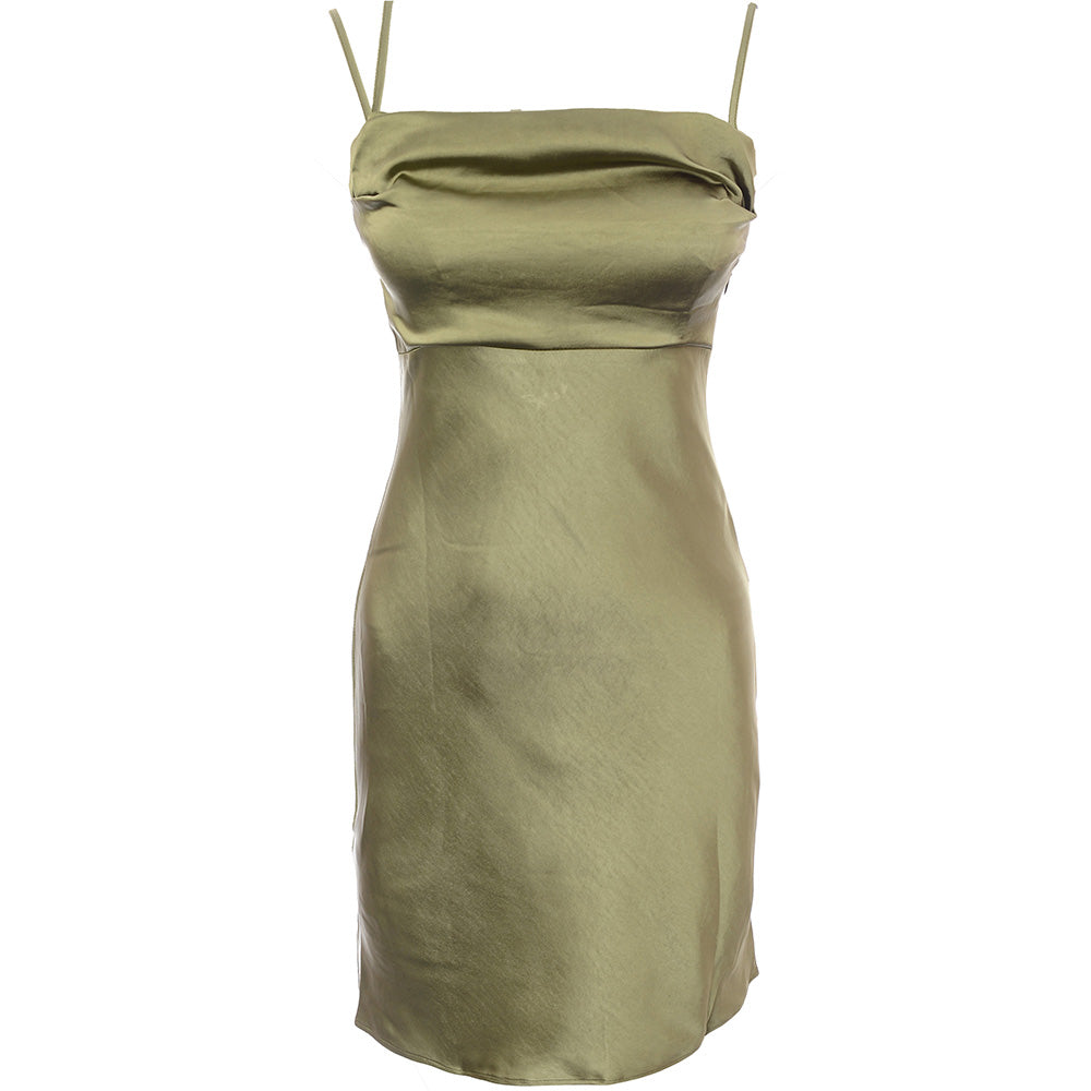 Parallel Lines Womens Asymmetric Satin Mini Dress In Khaki