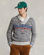 Mens Polo Ralph Lauren Sport Capsule Logo Front Shawl Collar Knit Jumper in Grey