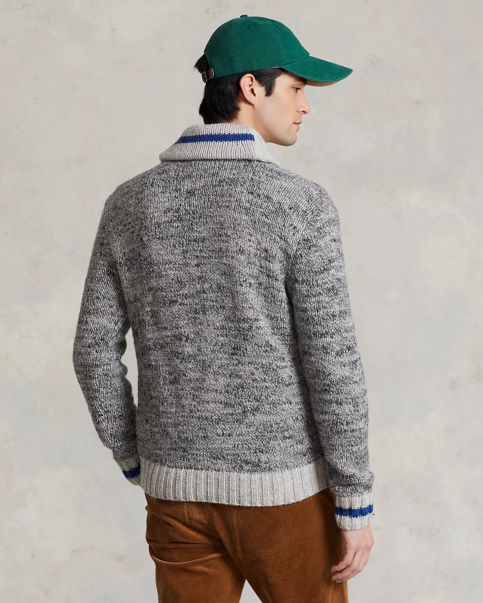 Mens Polo Ralph Lauren Sport Capsule Logo Front Shawl Collar Knit Jumper in Grey