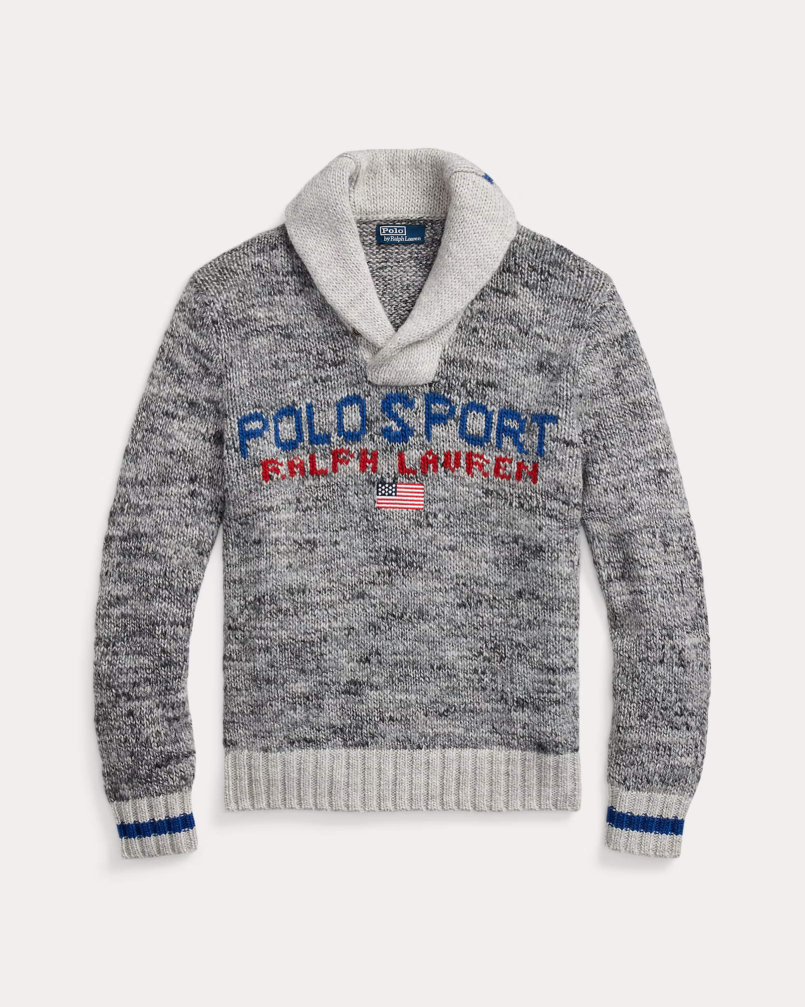 Mens Polo Ralph Lauren Sport Capsule Logo Front Shawl Collar Knit Jumper in Grey