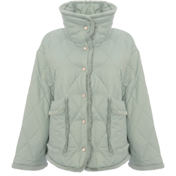 Urban Revivo Women's Green Quilted Jacket with Faux Fur Trim