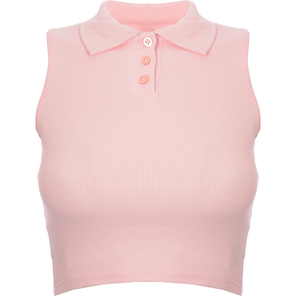 Daisy Street Womens Pink Sleeveless Polo Crop Top