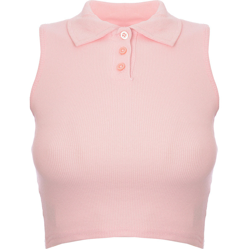 Daisy Street Womens Pink Sleeveless Polo Crop Top