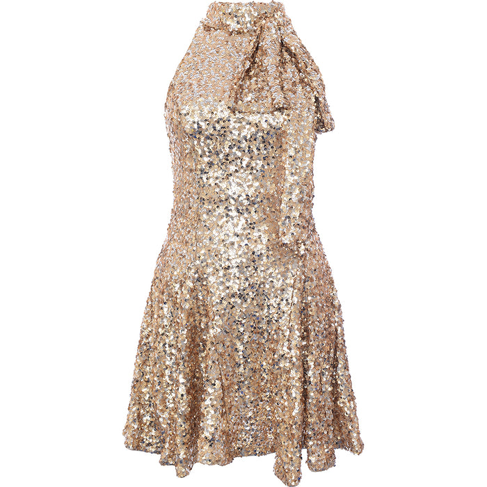 Forever New Women's Champagne Gold Petite High Neck Bow Embellished Mini Dress