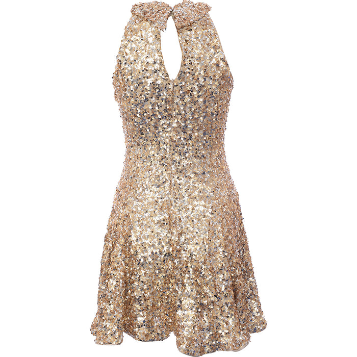 Forever New Women's Champagne Gold Petite High Neck Bow Embellished Mini Dress