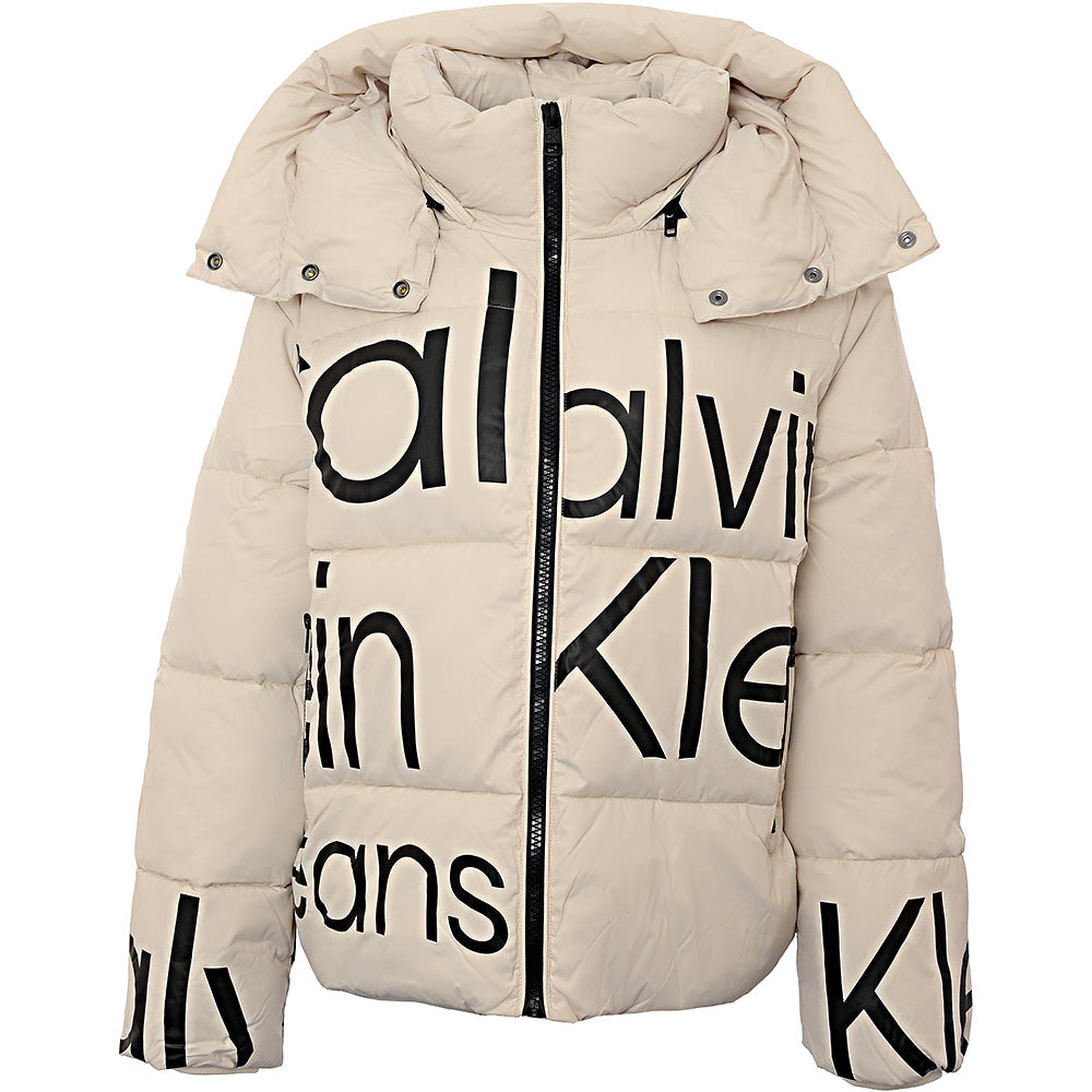 Calvin Klein Jeans Unisex Eggshell Bold Disrupted Logo Hooded Puffer Jacket