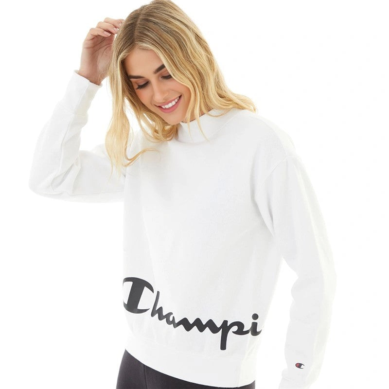 Womens Champion Large Logo Funnel Neck Sweatshirt in White