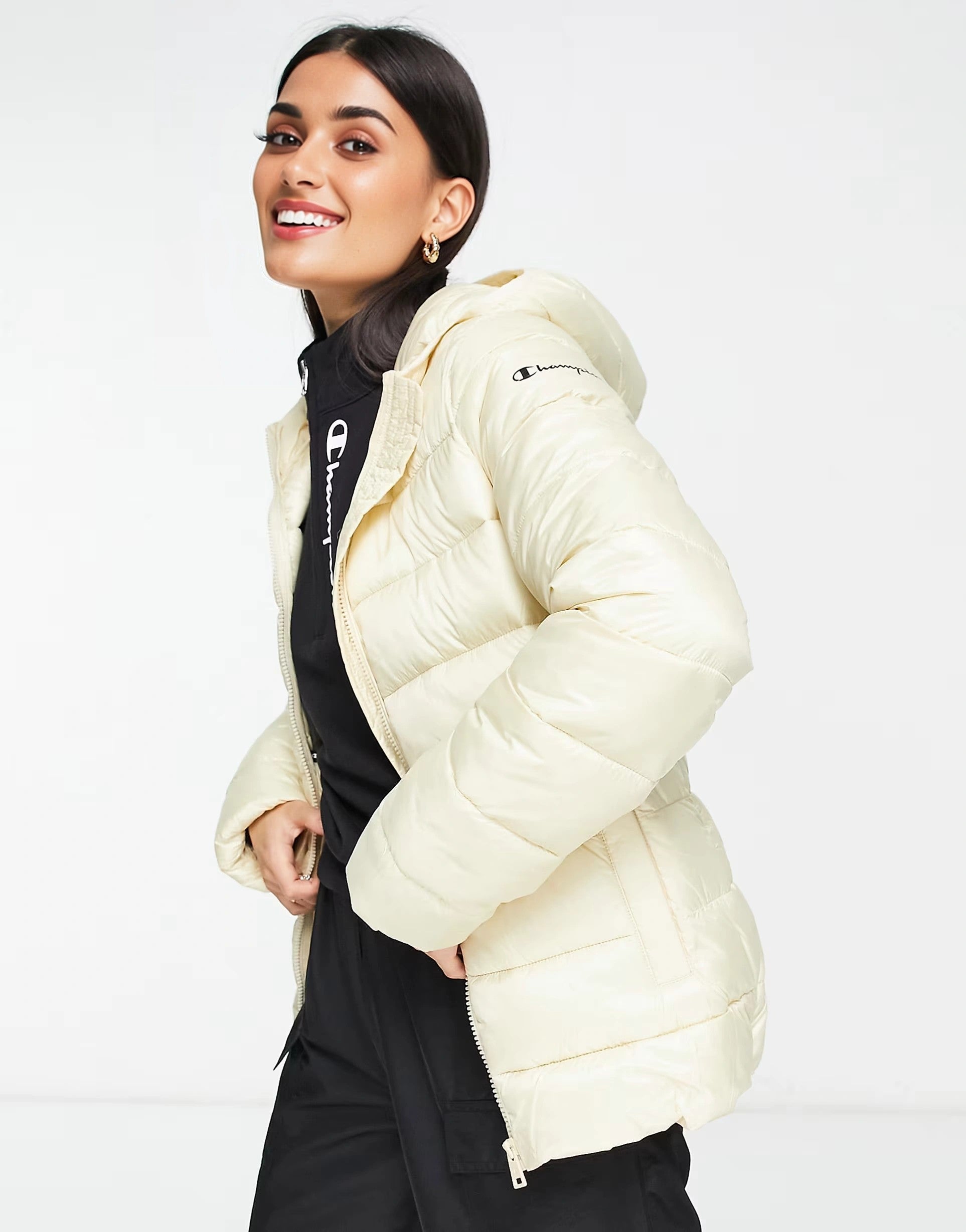 Womens Champion Fitted Puffer Jacket in Tan