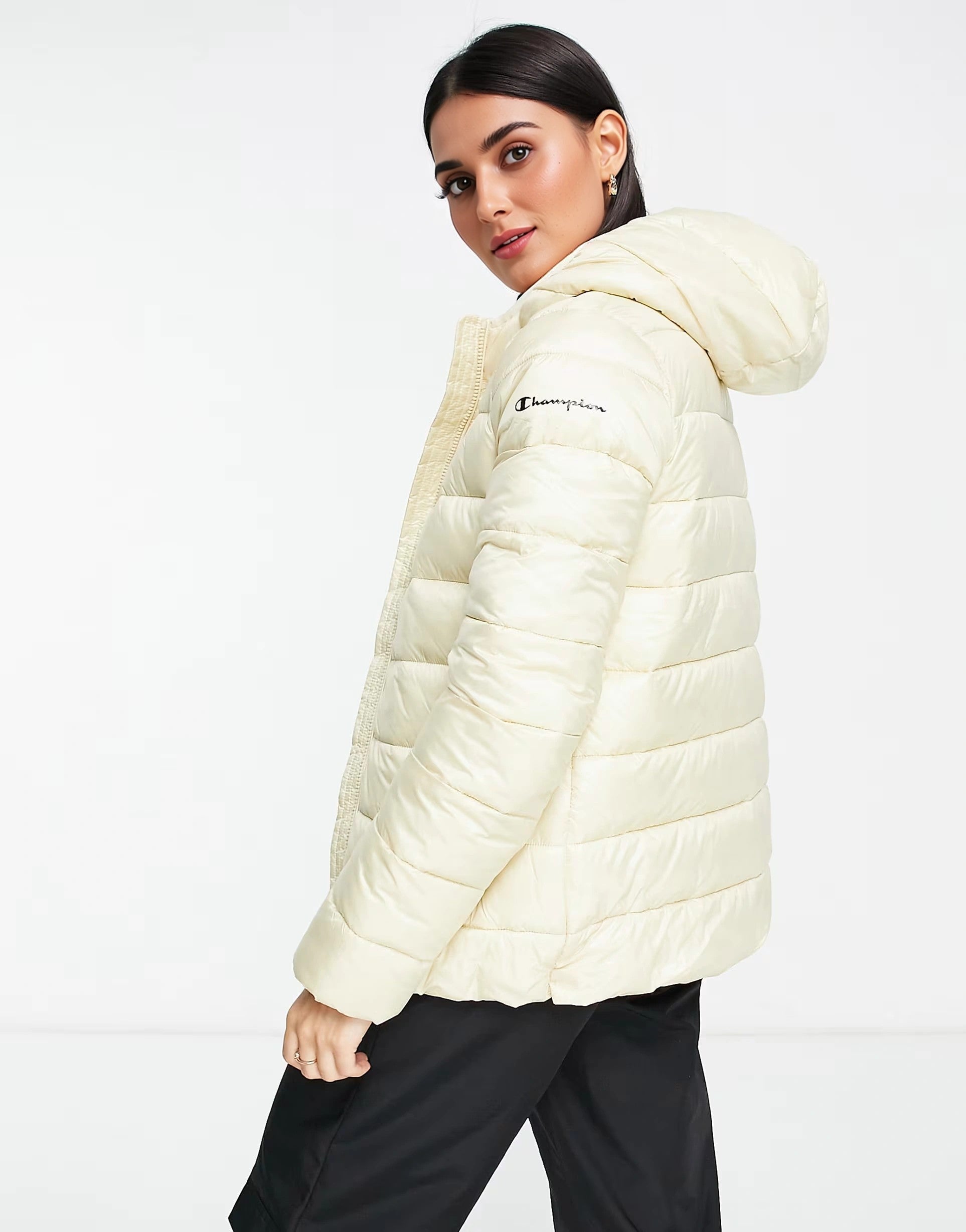 Womens Champion Fitted Puffer Jacket in Tan