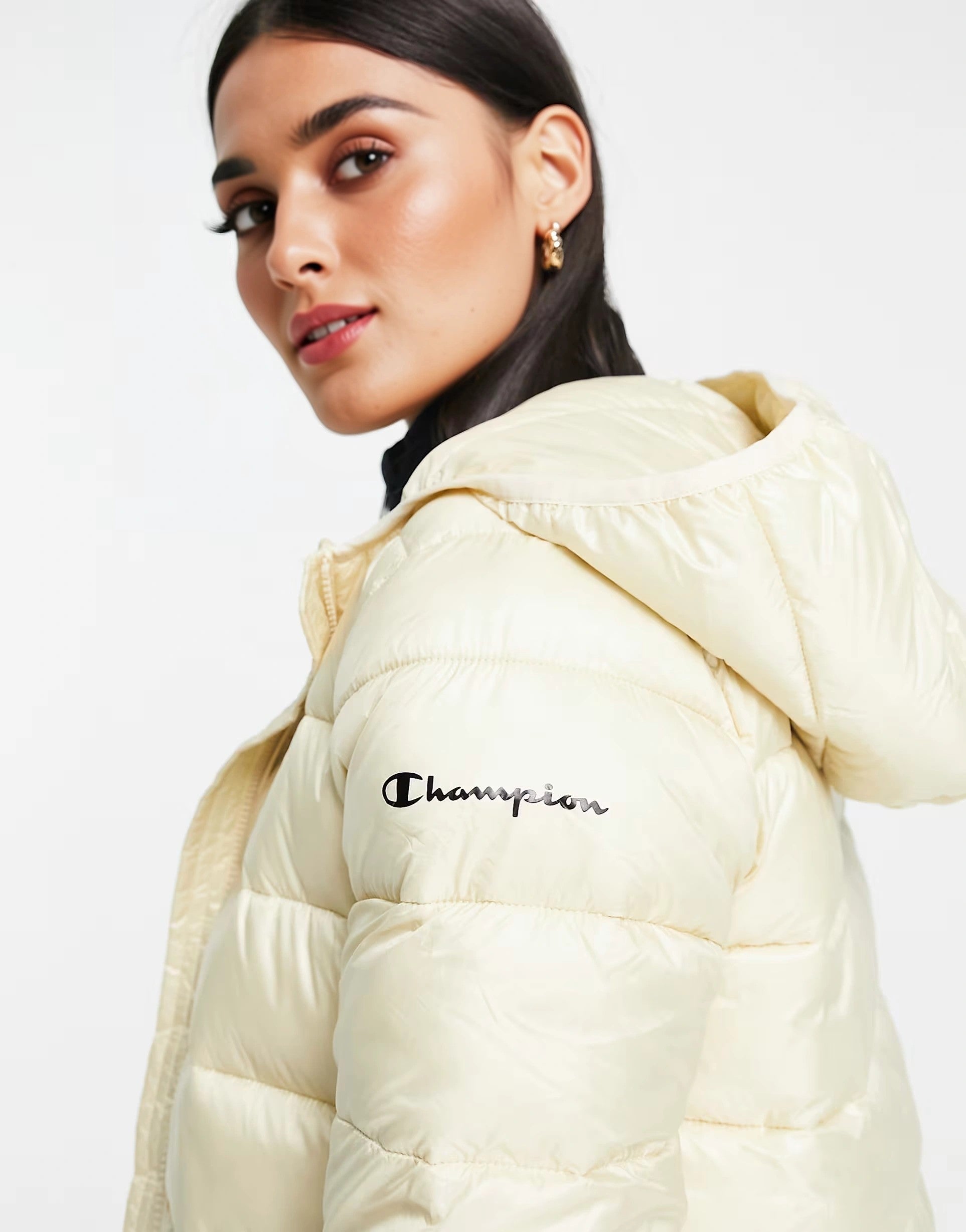 Womens Champion Fitted Puffer Jacket in Tan