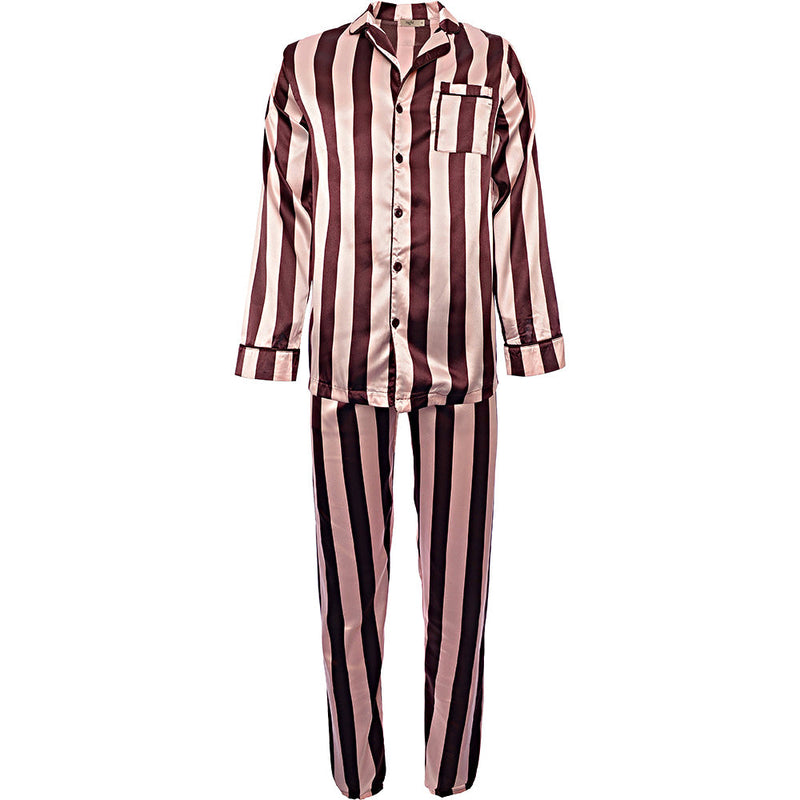 Night Men's Satin Stripe Pyjama Set in Burgundy