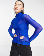Afrm Womens High Neck Mesh Long Sleeve Top In Blue