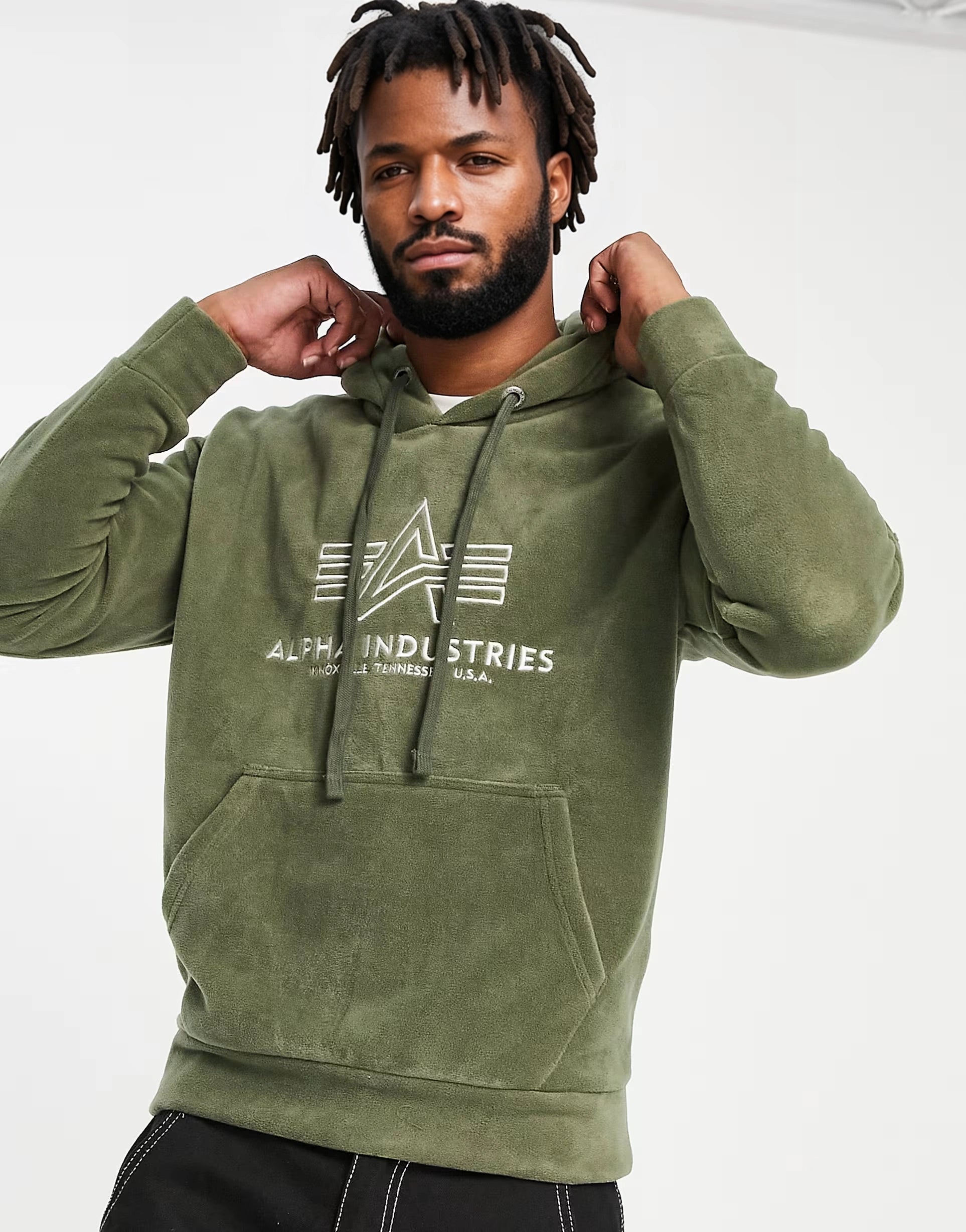 Mens Alpha Industries Logo Front Polar Fleece Hoodie In Dark Olive