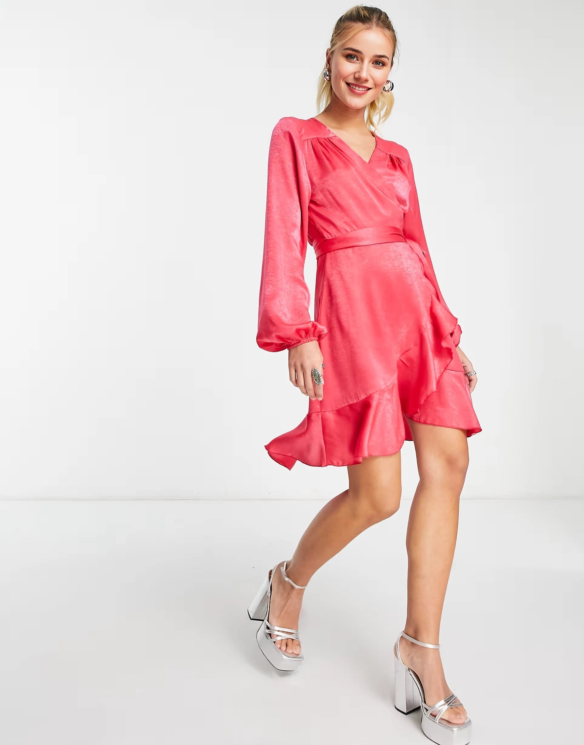 Flounce London Womens Satin Wrap Front Mini Dress With Balloon Sleeve In Fuschia