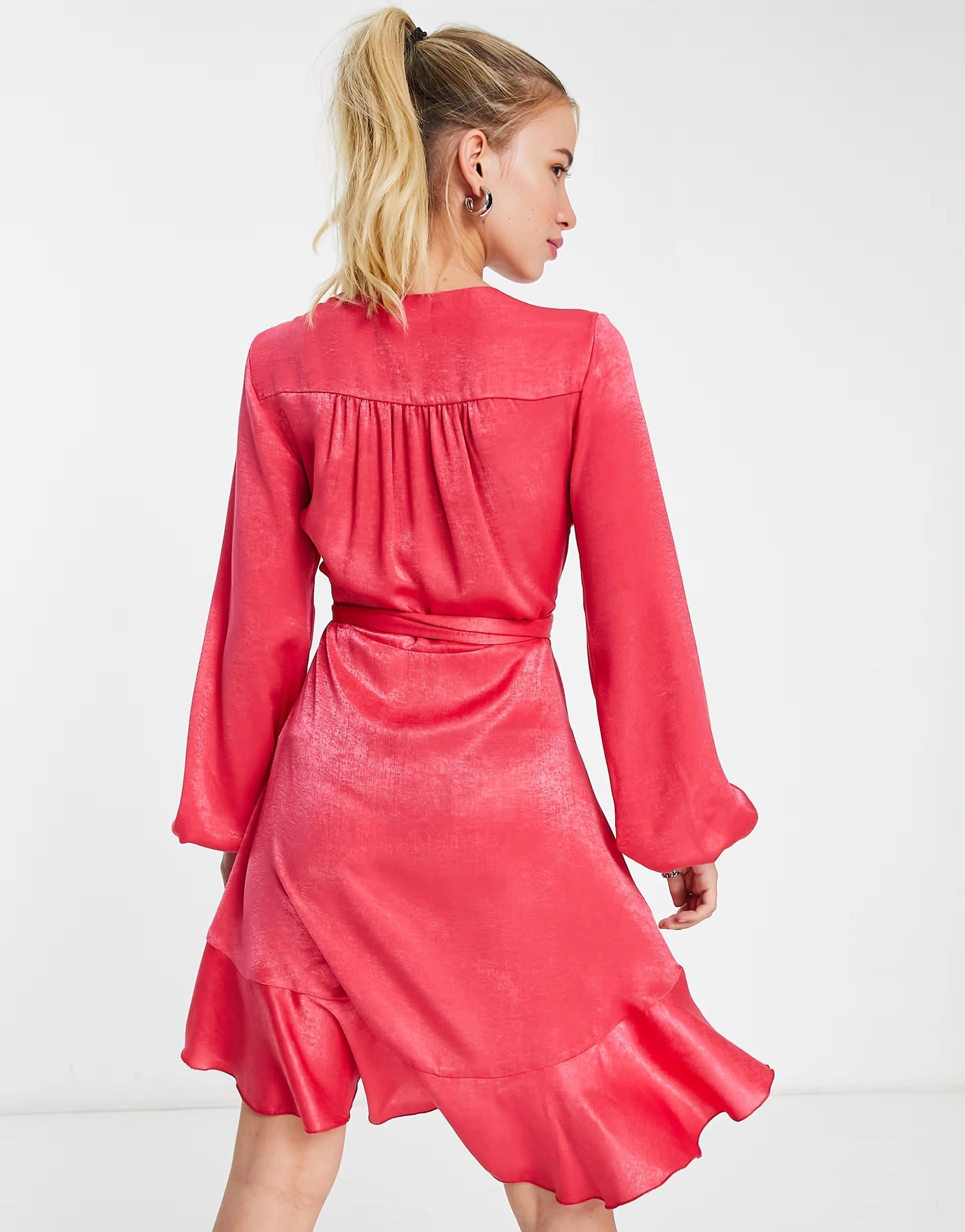 Flounce London Womens Satin Wrap Front Mini Dress With Balloon Sleeve In Fuschia