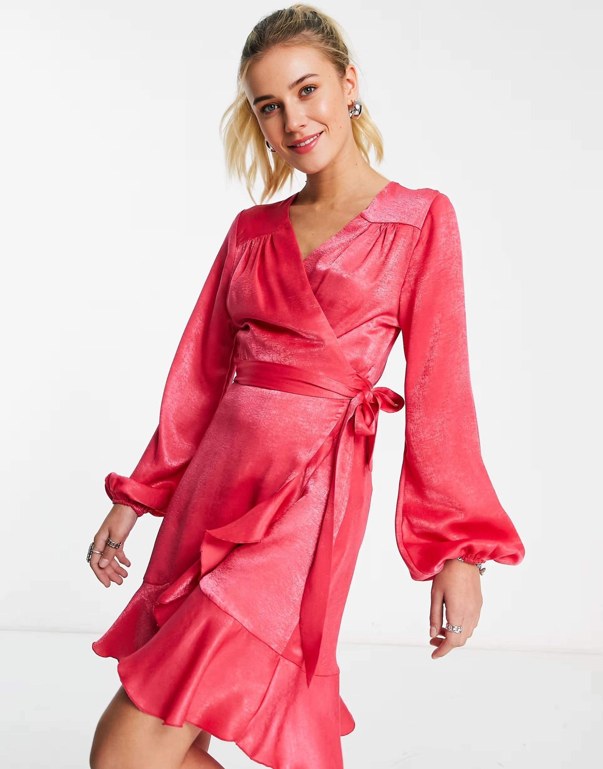 Flounce London Womens Satin Wrap Front Mini Dress With Balloon Sleeve In Fuschia