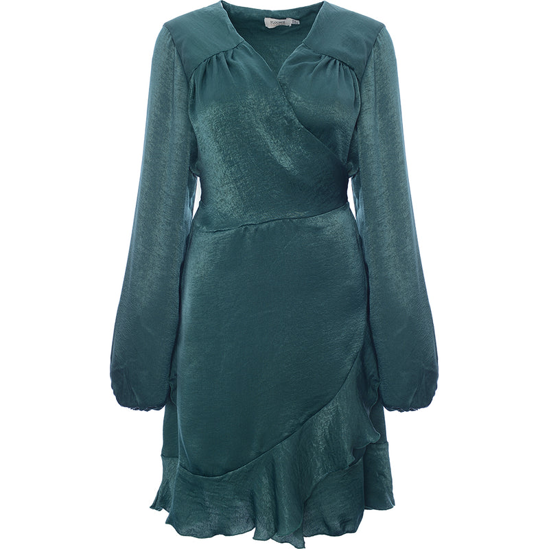 Flounce London Women's Plus Emerald Satin Wrap Front Mini Dress With Balloon Sleeve