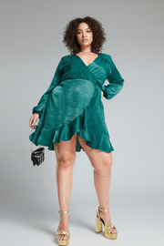 Flounce London Womens Plus Wrap Front Mini Dress In Emerald Satin