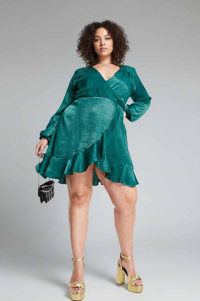 Flounce London Womens Plus Wrap Front Mini Dress In Emerald Satin