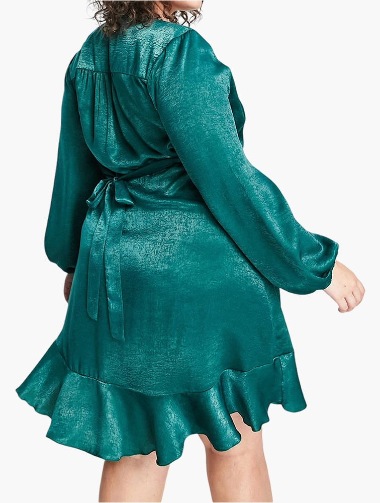 Flounce London Womens Plus Wrap Front Mini Dress In Emerald Satin