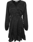 Flounce London Womens Maternity Satin Wrap Front Mini Dress With Balloon Sleeve In Black Floral Jacquard