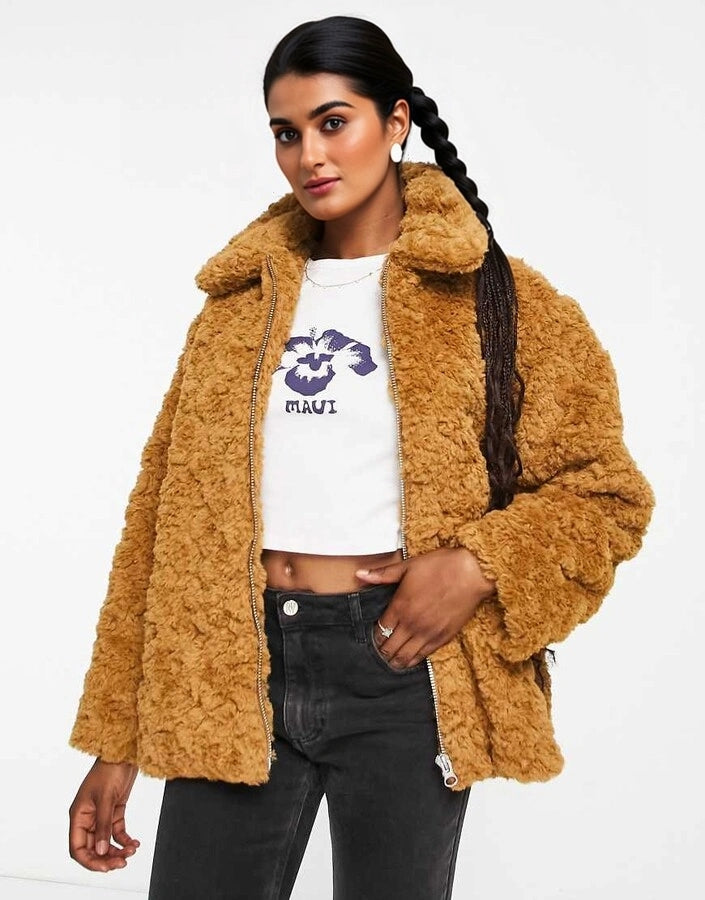 Womens Monki Curly Faux Fur Boxy Jacket In Brown