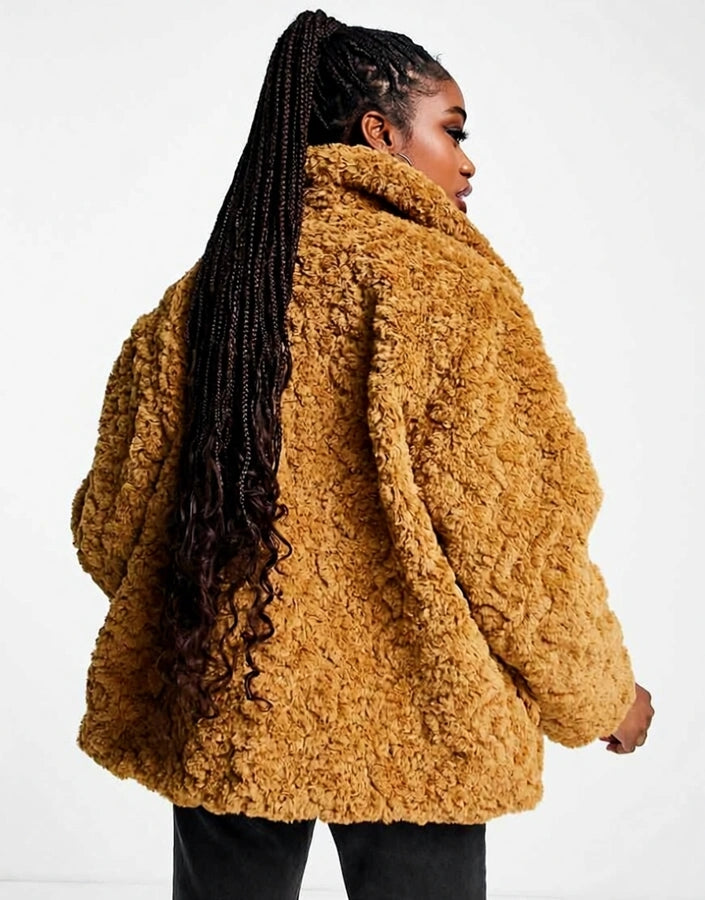 Womens Monki Curly Faux Fur Boxy Jacket In Brown