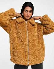 Womens Monki Curly Faux Fur Boxy Jacket In Brown