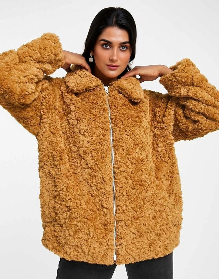 Womens Monki Curly Faux Fur Boxy Jacket In Brown