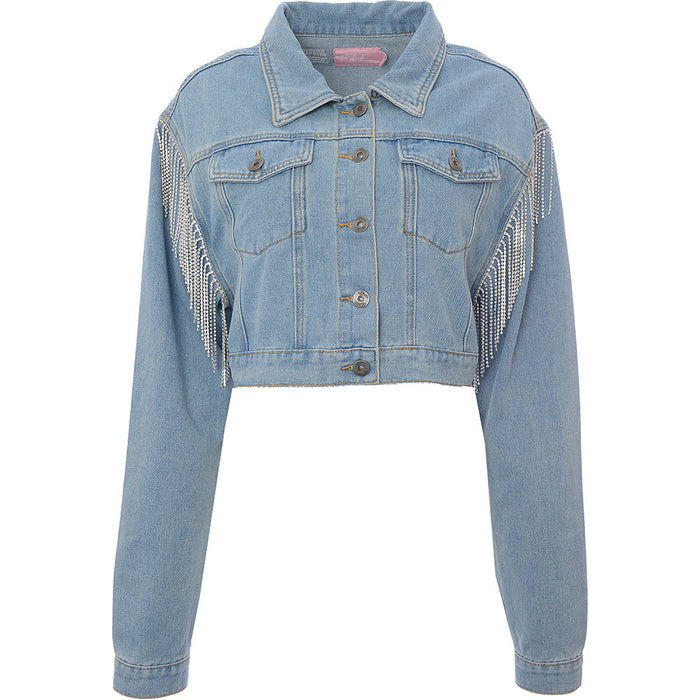 Fae Womens Washed Blue Cropped Denim Trucker Jacket with Diamante Fringe