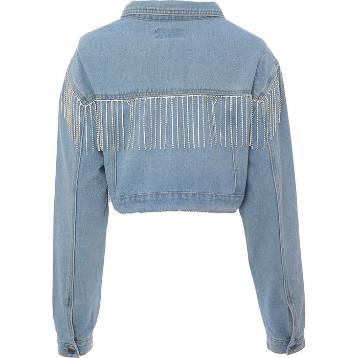 Fae Womens Washed Blue Cropped Denim Trucker Jacket with Diamante Fringe