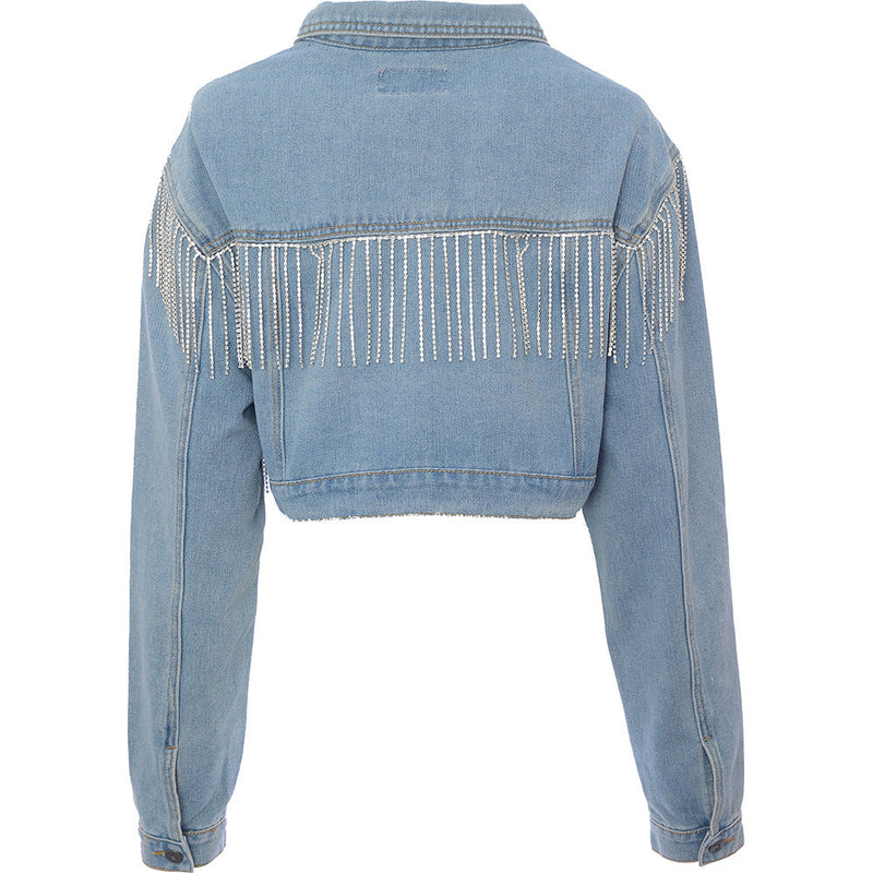 Fae Womens Washed Blue Cropped Denim Trucker Jacket with Diamante Fringe