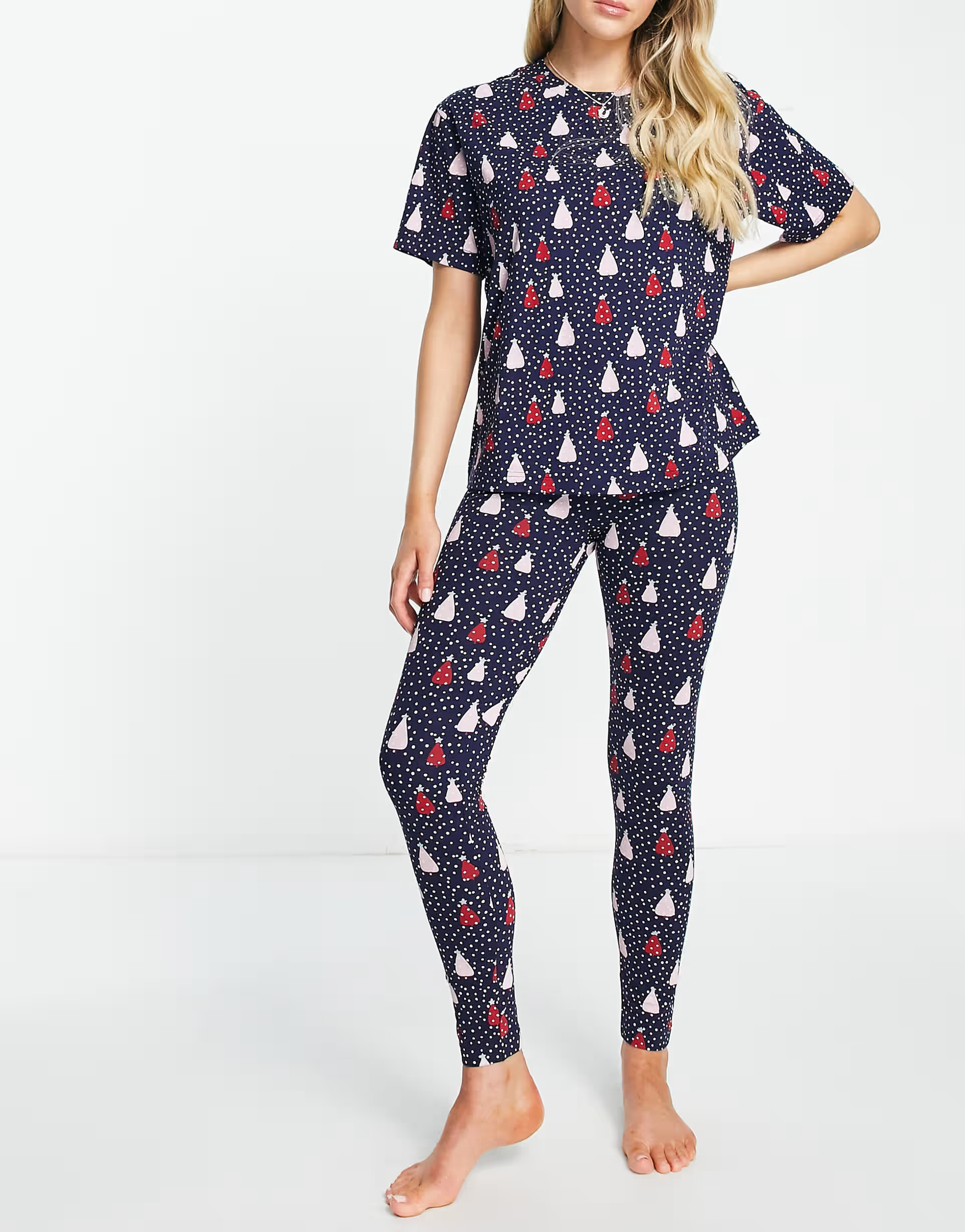 Monki Womens Co-Ord Christmas Tree Pyjama Top in Navy