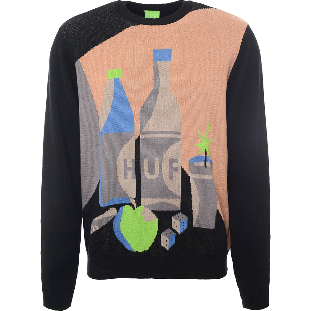 HUF Men's Black Knitted Sweatshirt with Abstract Art Design