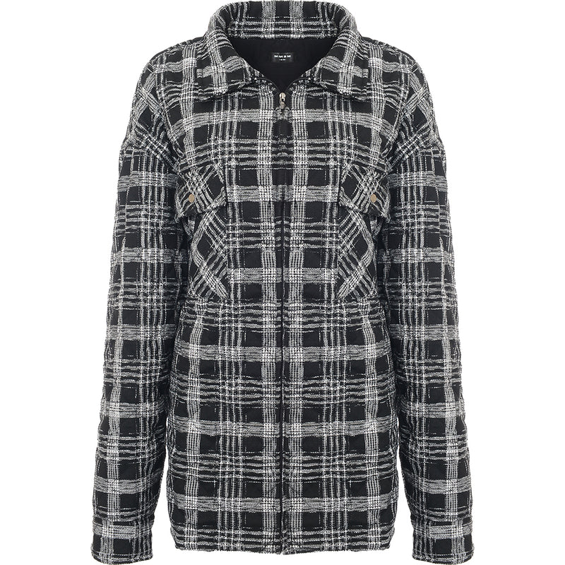 Mennace Men's Black And White Check Boucle Overshirt With Padded Lining