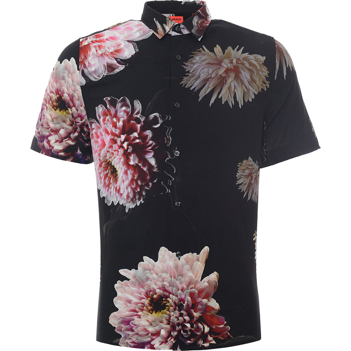 HUGO Men's Black Ebor Flower Print Short Sleeve Shirt