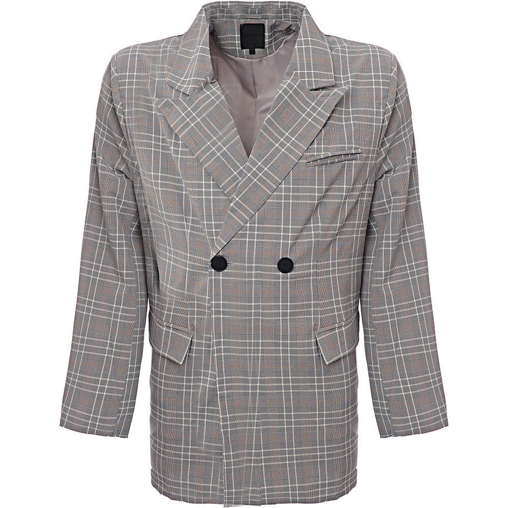 Mennace Mens Double Breasted Suit Jacket in Grey Check