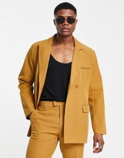 Mennace Mens Double Breasted Suit Jacket in Dark Yellow
