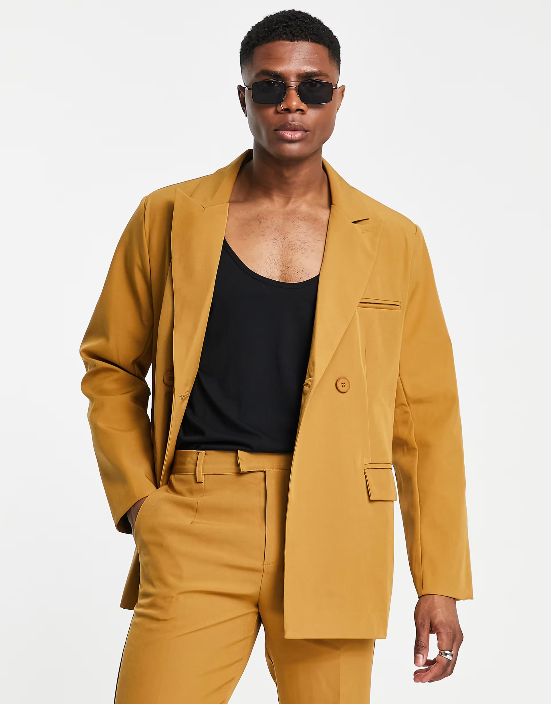 Mennace Mens Double Breasted Suit Jacket in Dark Yellow