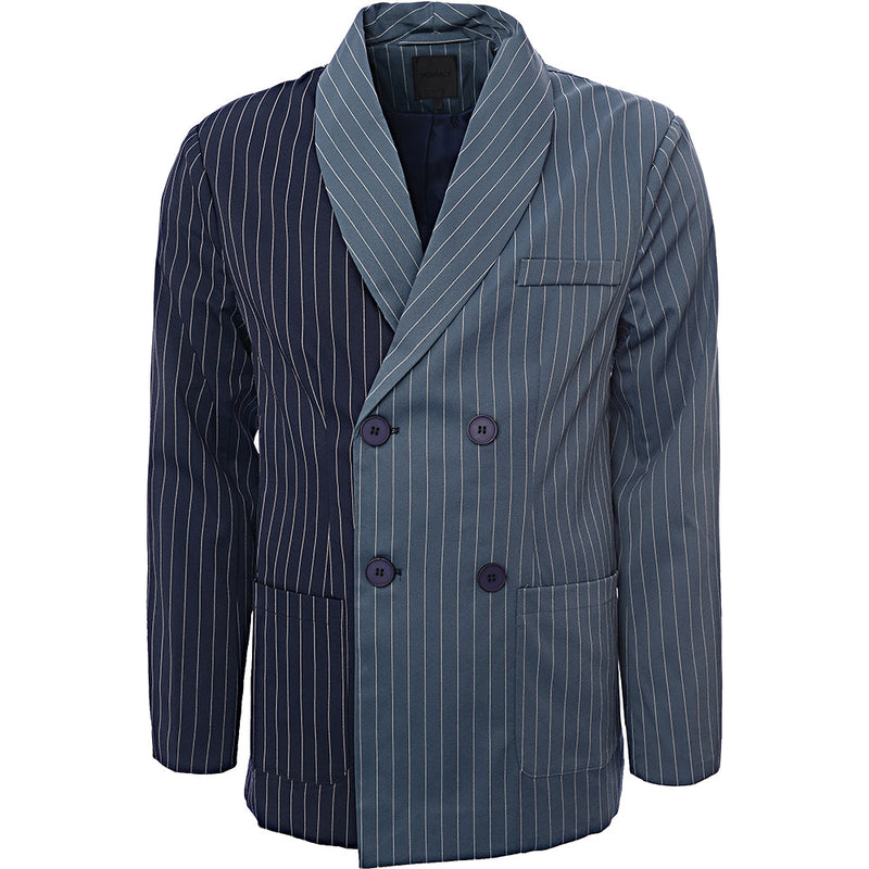 Mennace Men's Navy and Blue Spliced Pinstripe Double Breasted Blazer