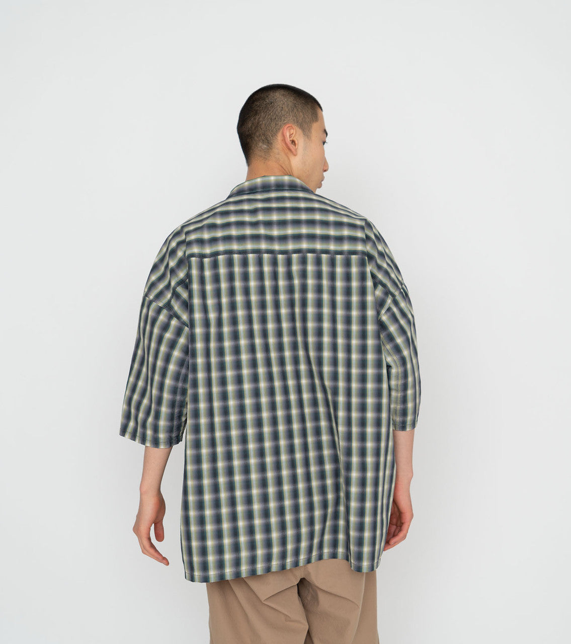 Nanamica Mens Green Check Open Collar Shirt